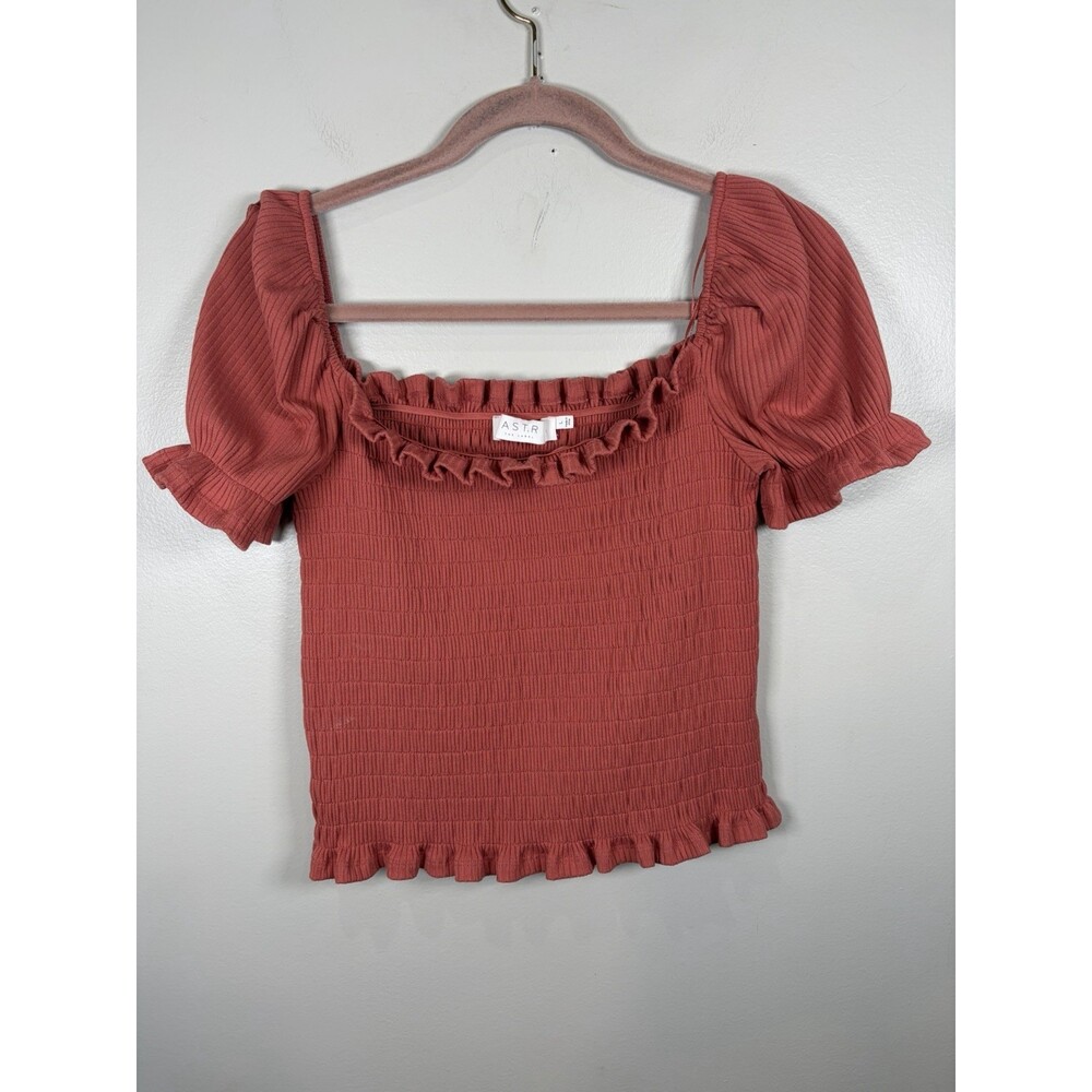 ASTR The Label Smocked Puff Sleeve Peplum Blouse Top Womens size Large